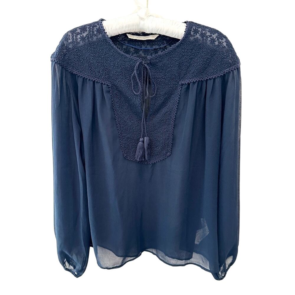 ZARA BASIC | Navy Blue Eyelet Lace Yoke Long Sleeve Sheer Blouse | Small
